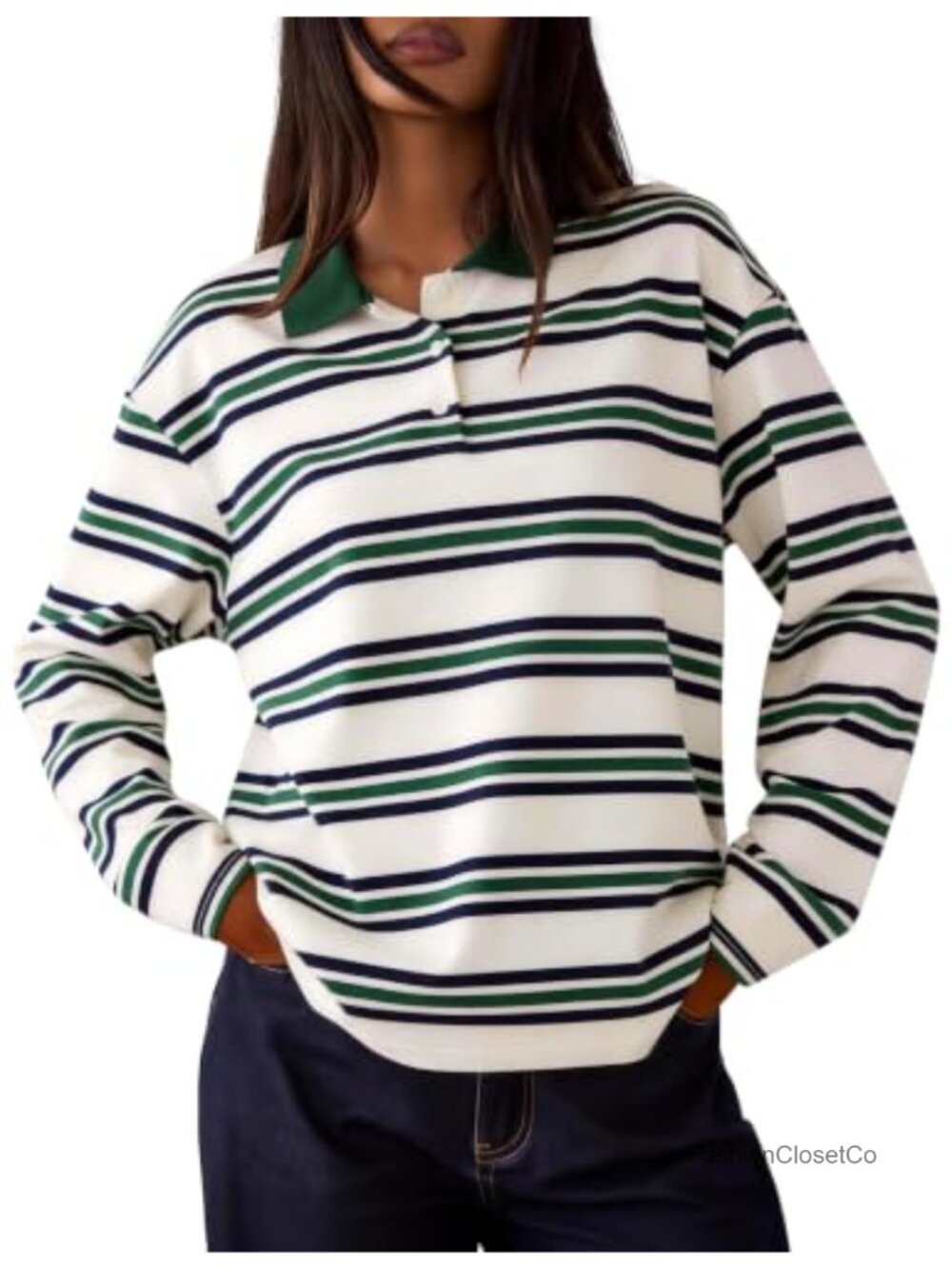 Womens Long Sleeve Rugby Shirt Vintage Striped Polo Cotton Stretch